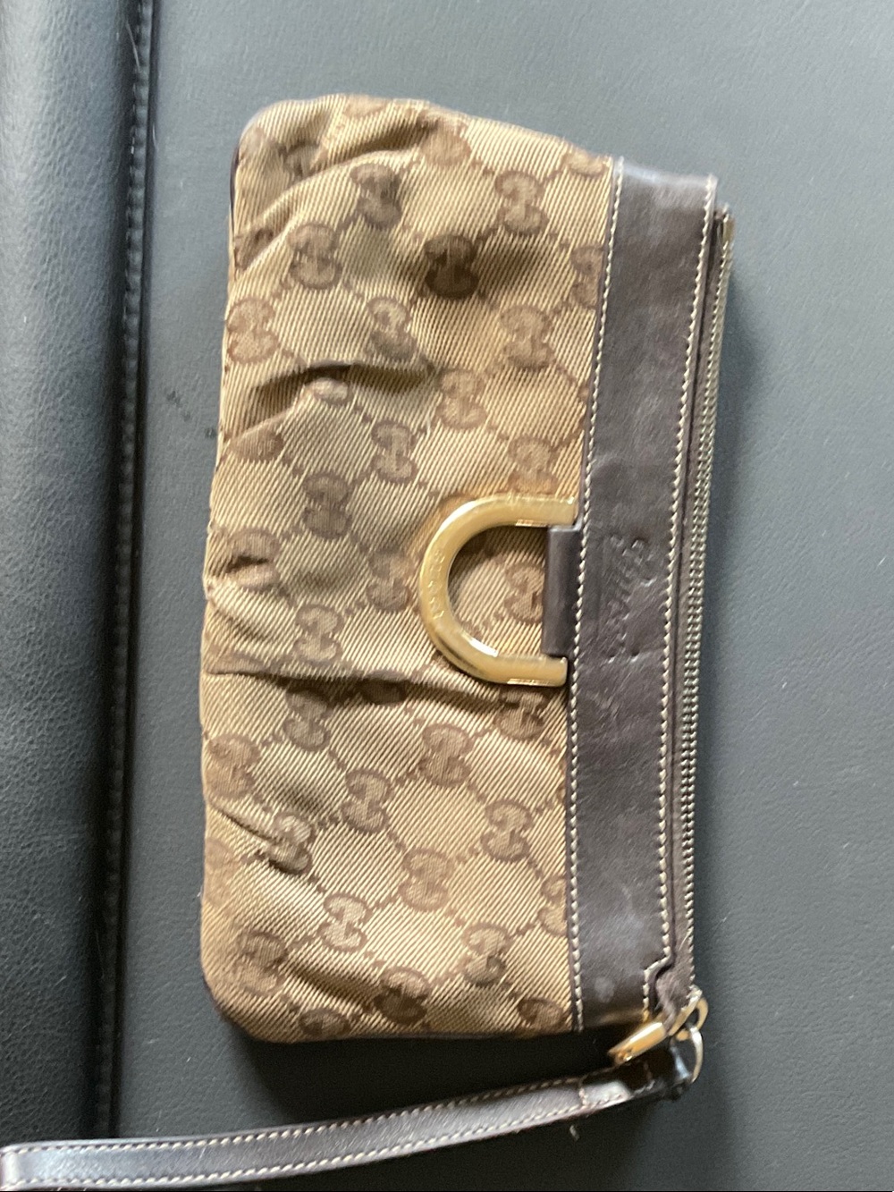 Genuine - Gucci Brown GG Canvas Wristlet with Leather Trim & Gold D-Ring